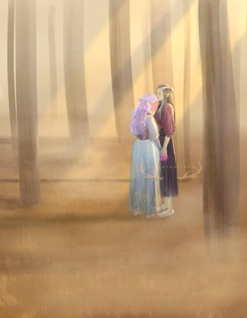 a drawing of Laudna and imogen from critical role. they are standing in a sparse forest in a sunbeam. Laudna is kissing Imogen's forehead and holding her hand.