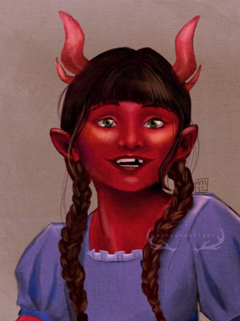 a digital painting of Gwendolyn de rolo from critical role. she has her hair in two braids and is shown from the chest up, smiling at the viewer.