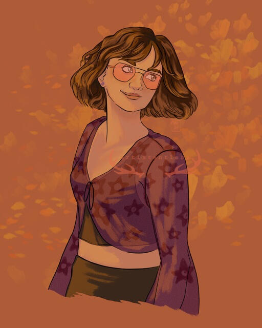 a digital painting of a girl, turned to the left and looking off behind her towards the right. she has a wavy bob with bangs and wears a sheer cardigan with stars on it and cool orange glasses. the background is a muted orange with some leaves or petals.