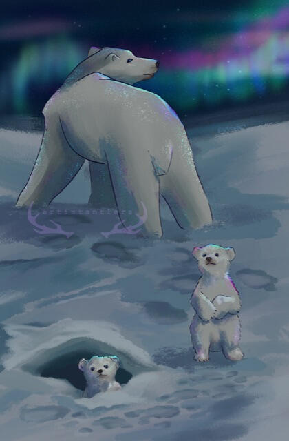 a digital painting of three polar bears. a mother and two cubs, one poking its head out of a den dug in the snow and a second standing on its hind legs looking around. the mother stands behind them, looking up at the northern lights. the constellations urs